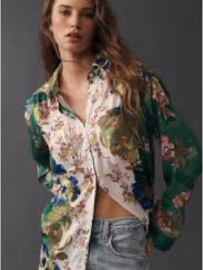 Anthropologie Floral Satin Button-Down Top in Green and White